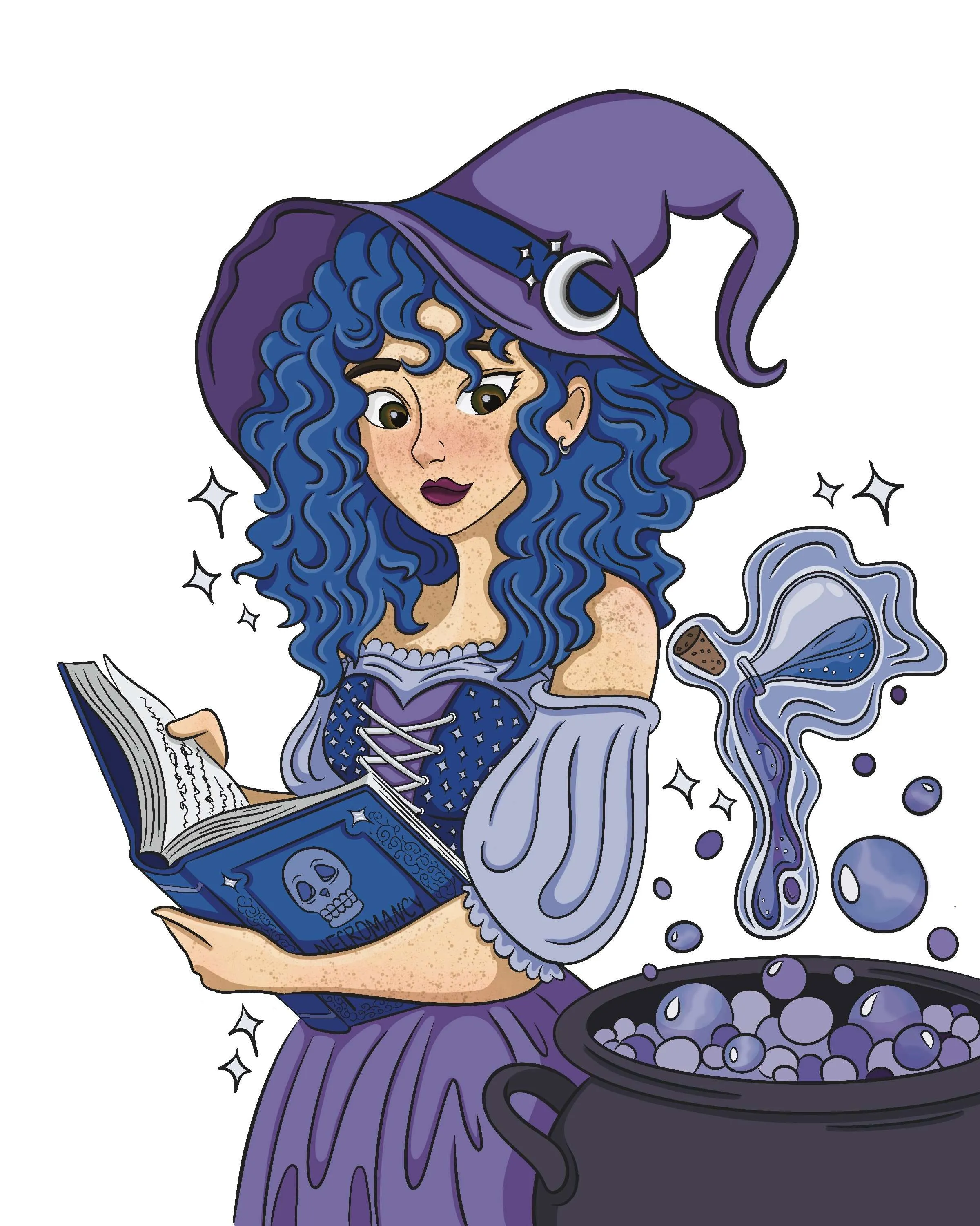 Illustrated author portrait: a freckled witch with curly blue hair and a purple hat, reading a spellbook beside a bubbling cauldron.